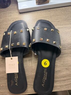 A. Giannetti Black Studded Leather Slide Sandals - Black